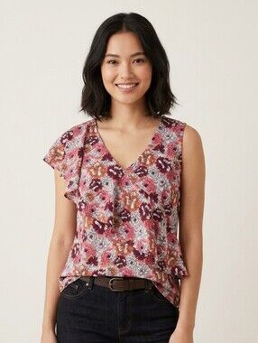 Banana Republic Floral Print Asymetric Flounce One Ruffle Sleeve Top, Size M